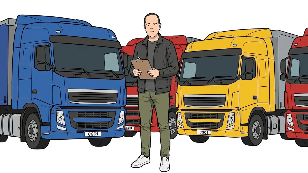 Ian with a clipboard beside a fleet of articulated lorries.