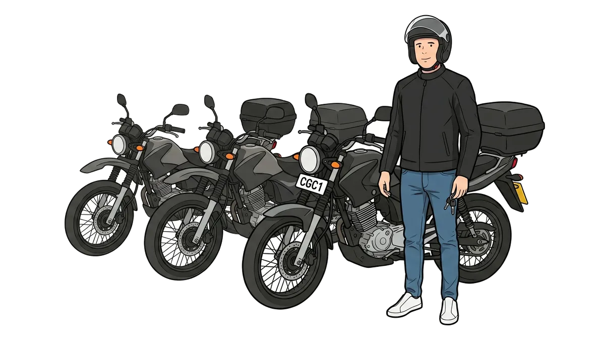 Ian in motorbike gear beside a fleet of commuter motorbikes.