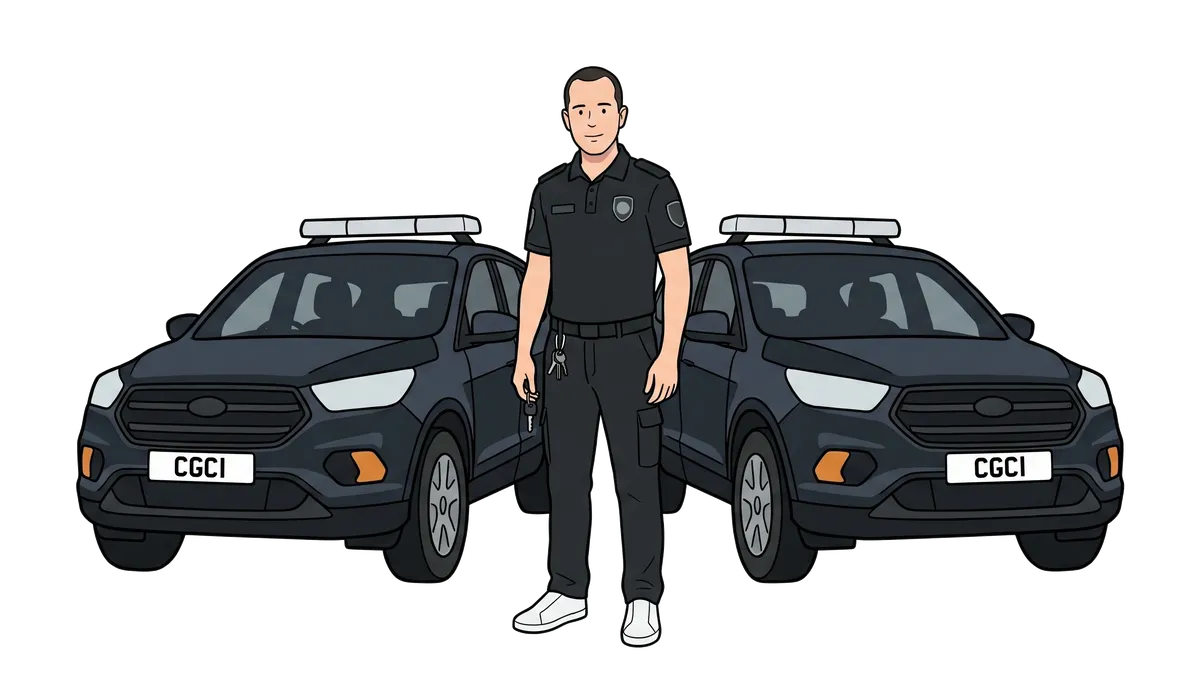 Ian in uniform beside security patrol vehicles.