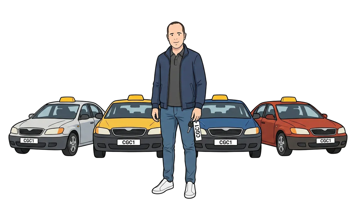 Ian beside a fleet of taxi cars.