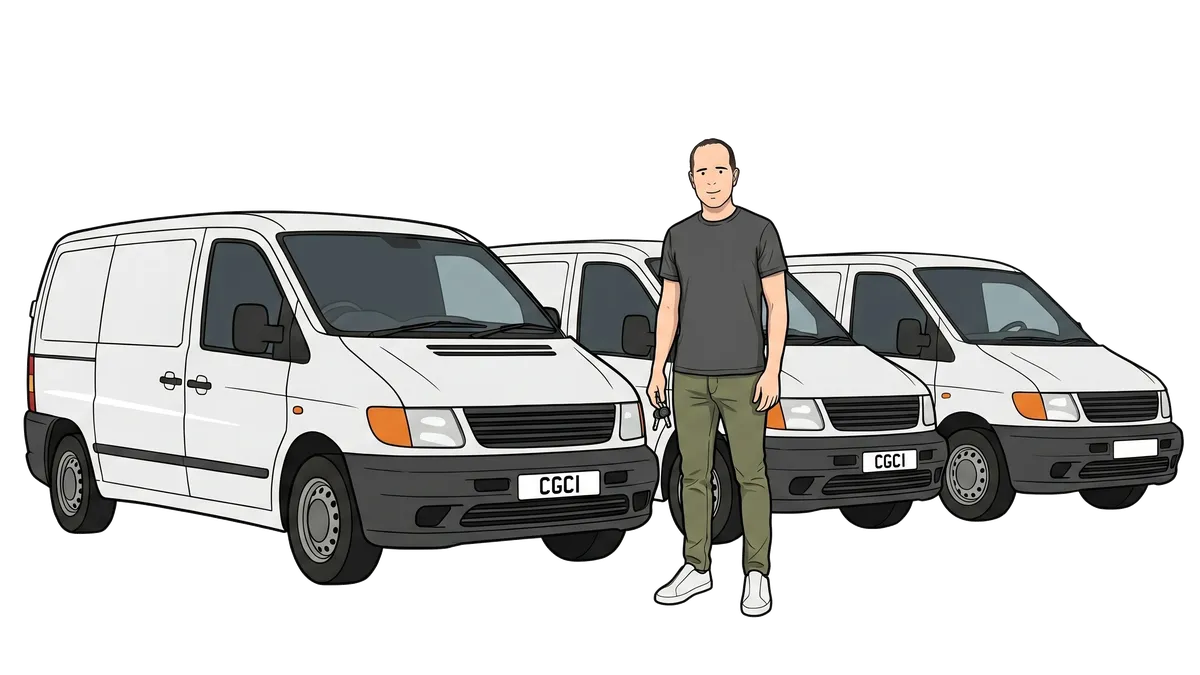 Ian holding keys beside a fleet of white panel vans.