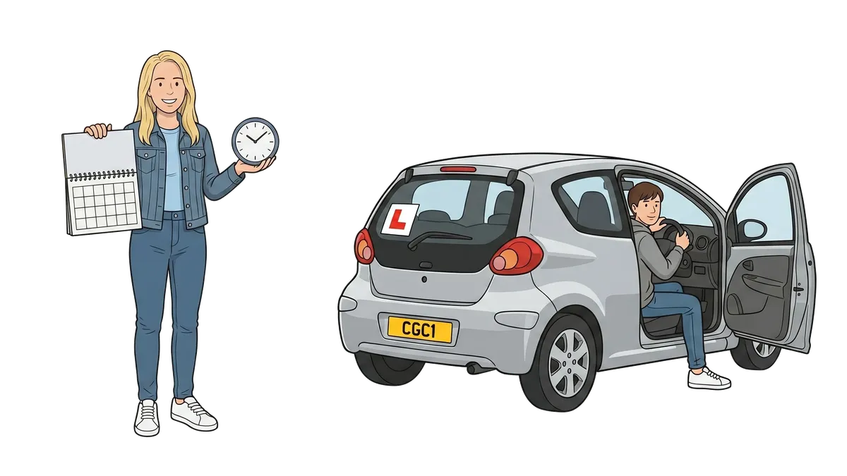 Susan Difford holding a calendar and clock as a learner driver practises behind the wheel of a car.