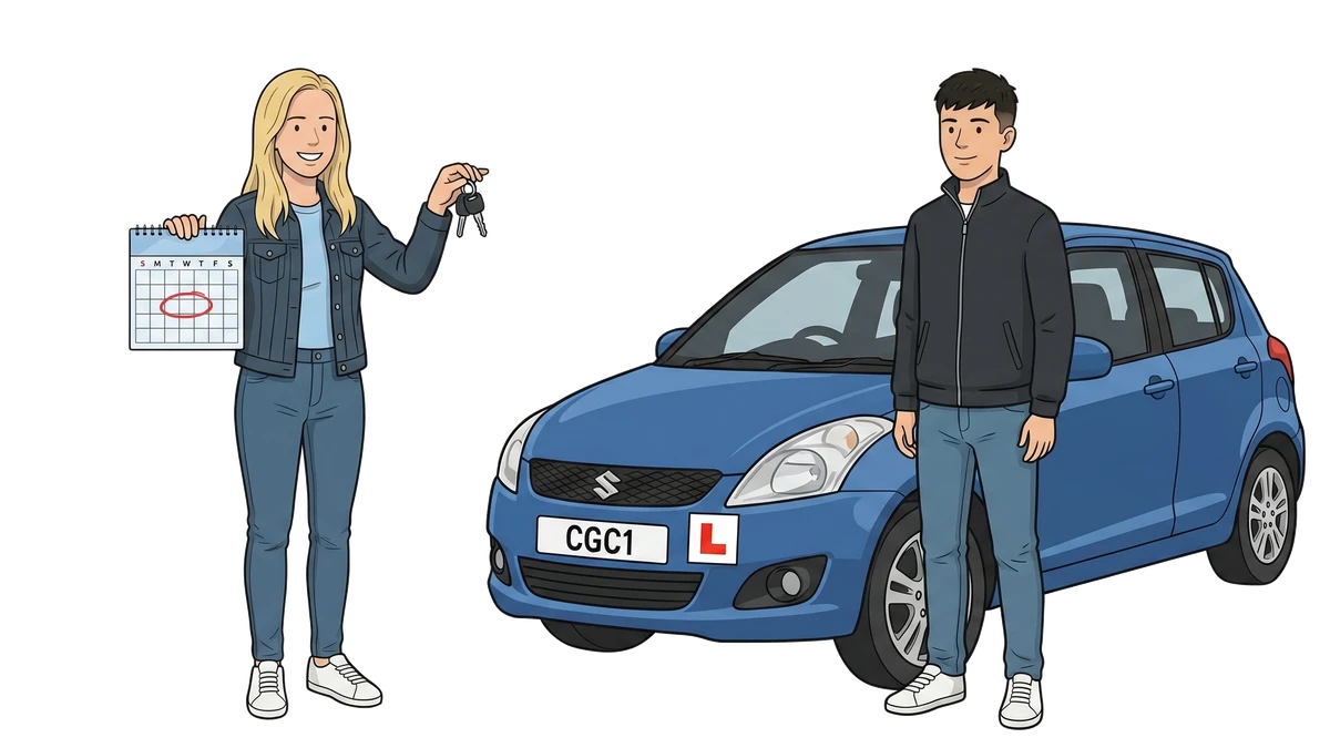 Susan Difford holding car keys and a calendar with a week circled, beside a learner driver and their car.