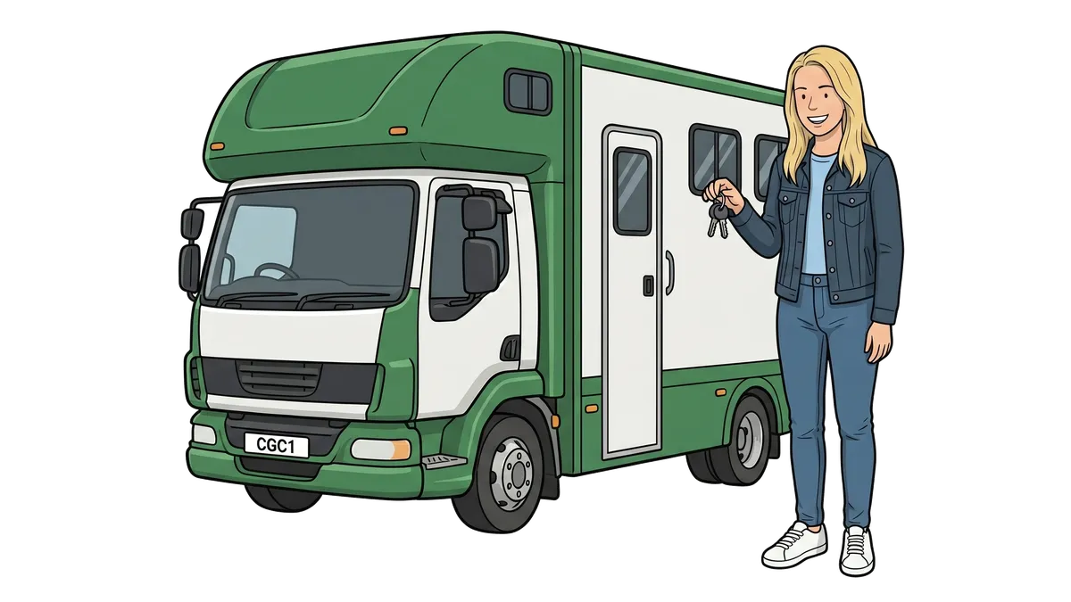 Susan Difford holding keys beside a horsebox lorry.