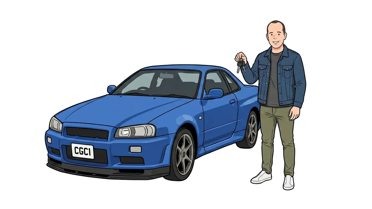 Ian holding keys beside an imported Japanese sports car.