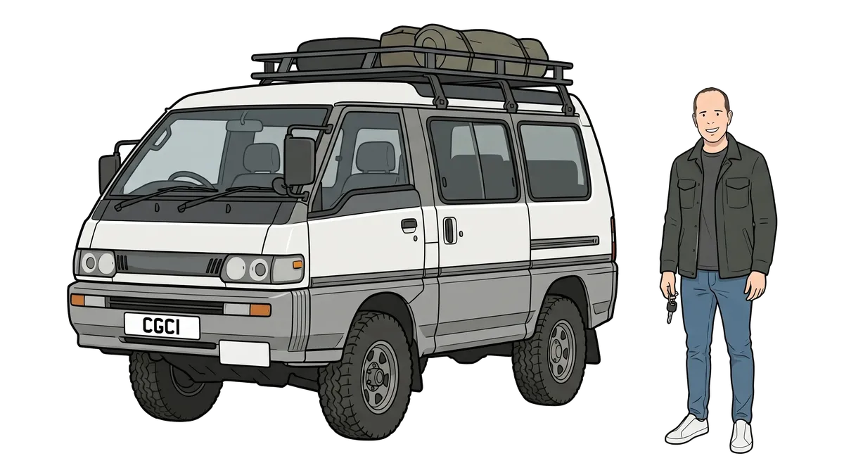 Ian holding keys beside an imported Mitsubishi Delica.