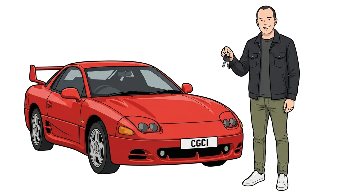 Ian holding keys beside an imported Mitsubishi GTO.