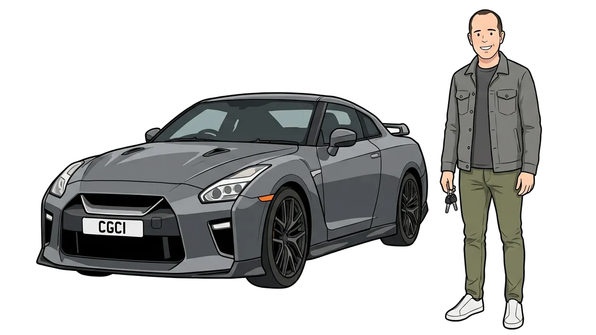 Ian holding keys beside an imported Nissan GT-R R35.