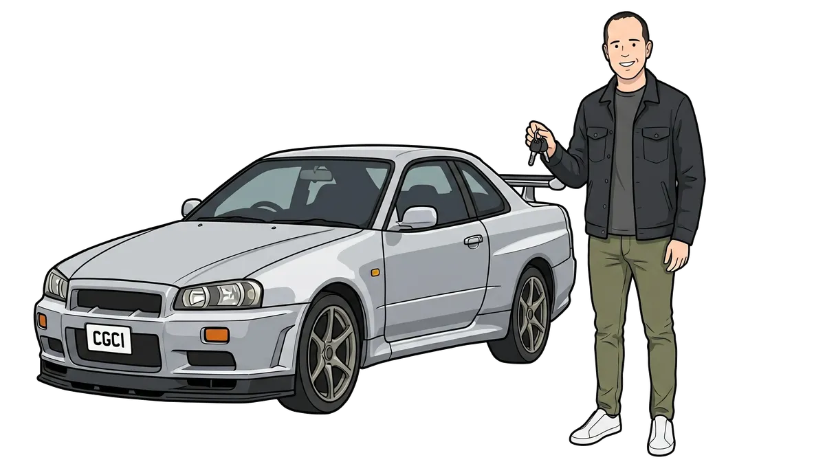Ian holding keys beside an imported Nissan Skyline GT-R.
