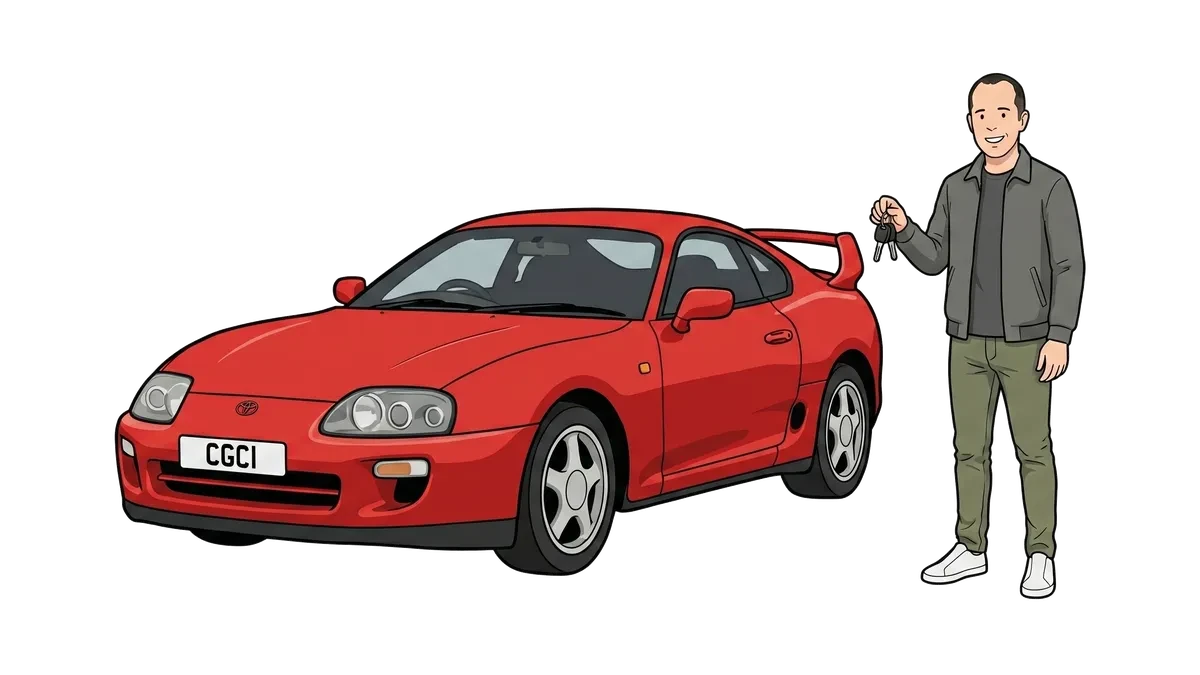 Ian holding keys beside an imported Toyota Supra.