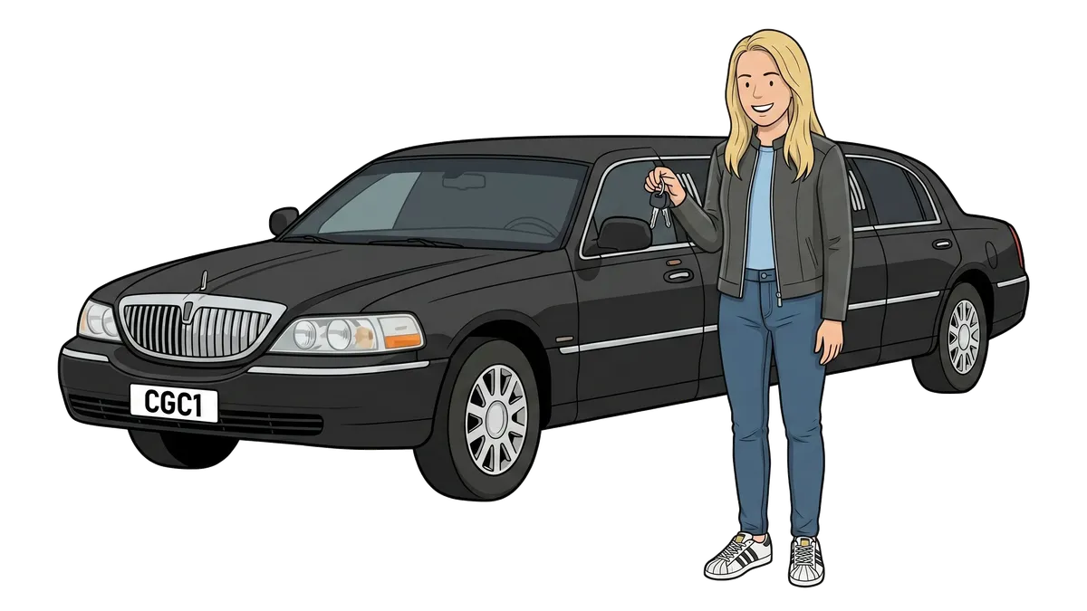 Susan Difford holding keys beside a stretch limousine.