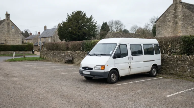 Plain white minibus parked in a quiet UK village car park