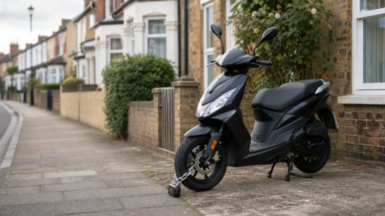 A small moped parked securely on a UK driveway with a visible lock