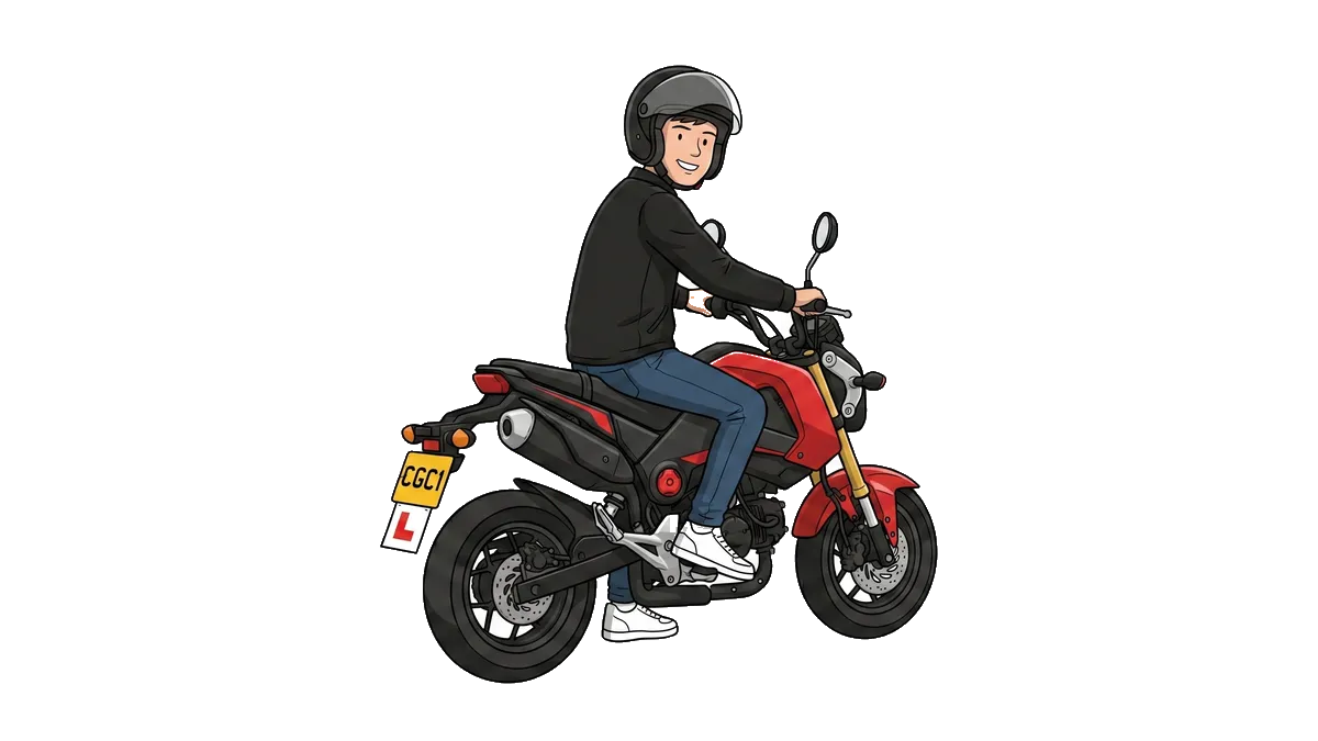 A young rider on a learner motorbike with an L-plate.