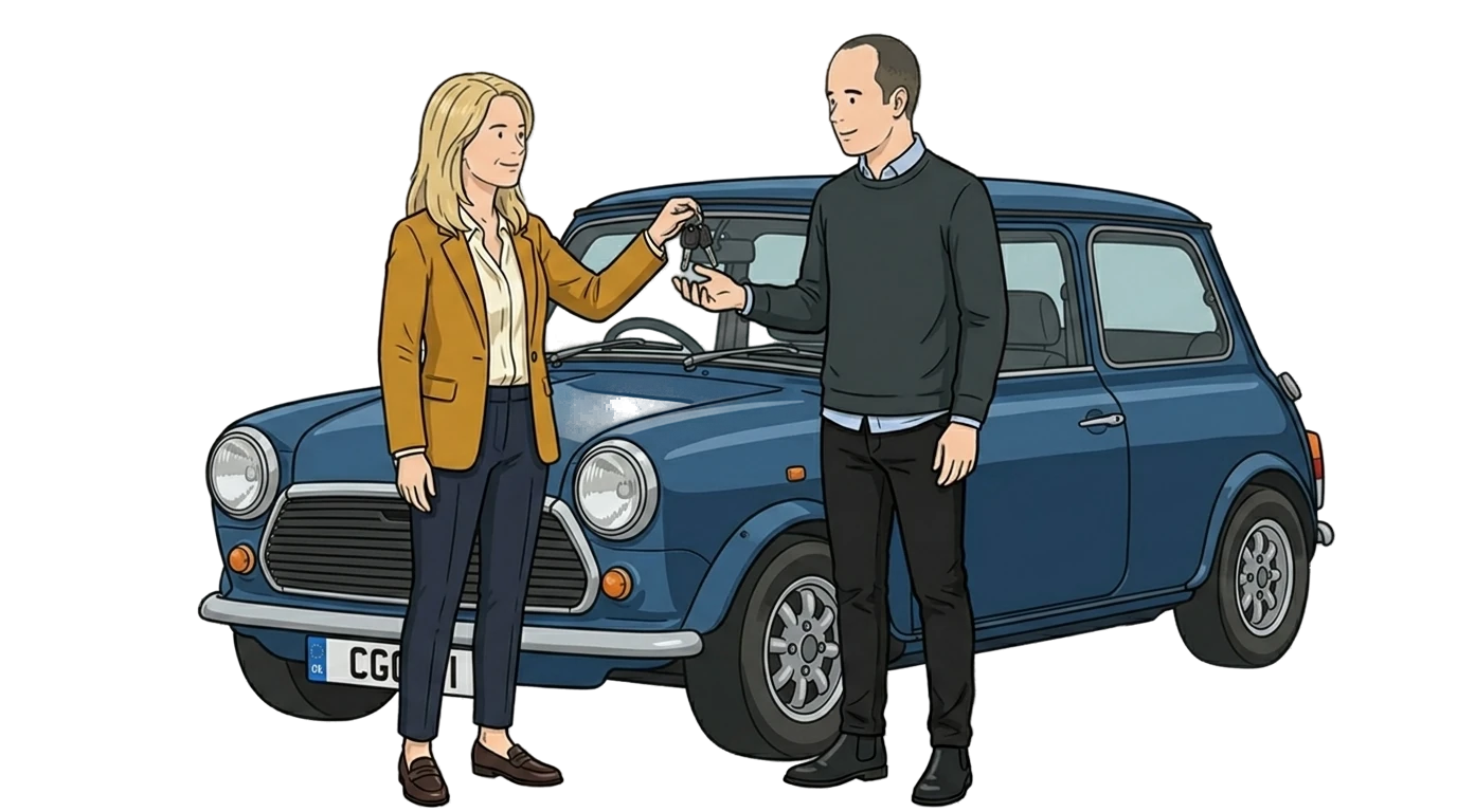 Friendly key handover in front of a classic blue Mini — temporary classic car insurance.