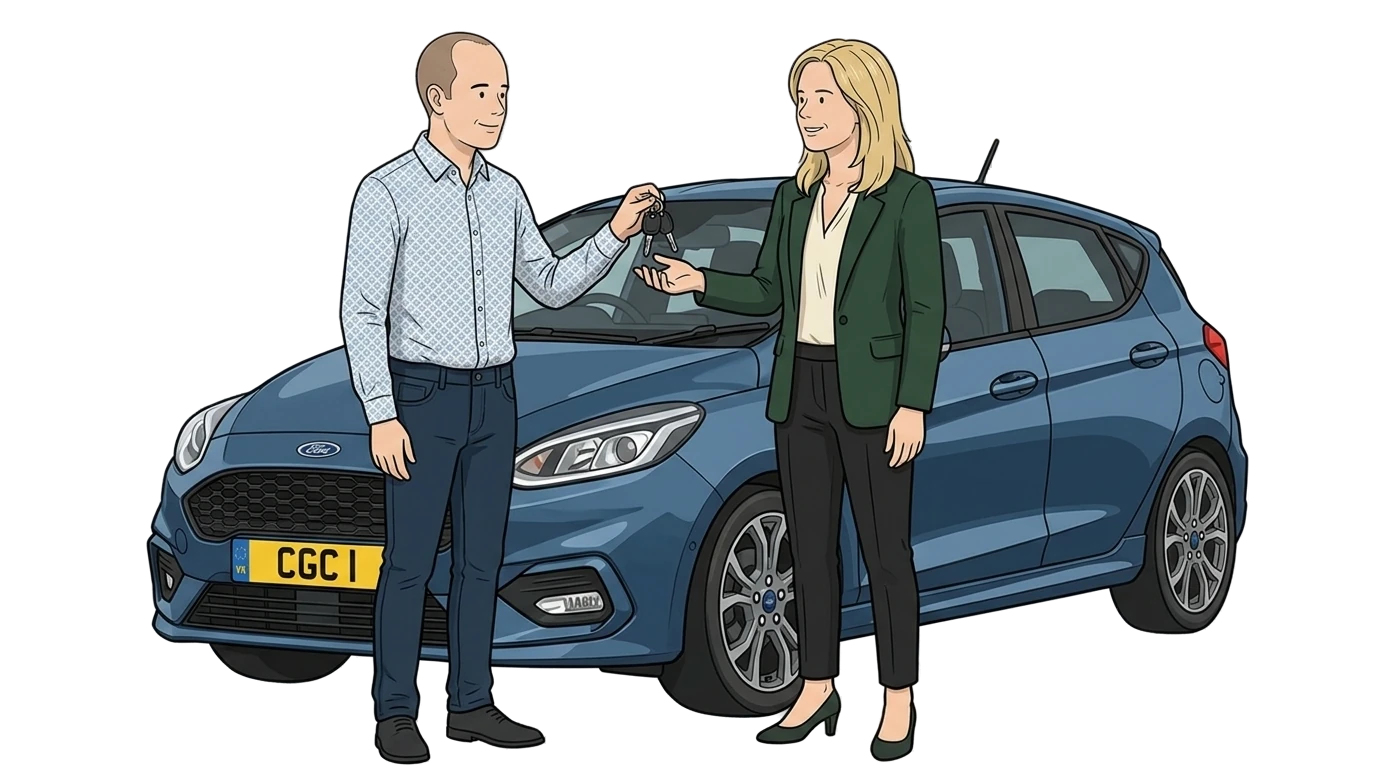 Older driver handing keys to a younger driver by a blue Ford Fiesta — temporary car insurance for young drivers.