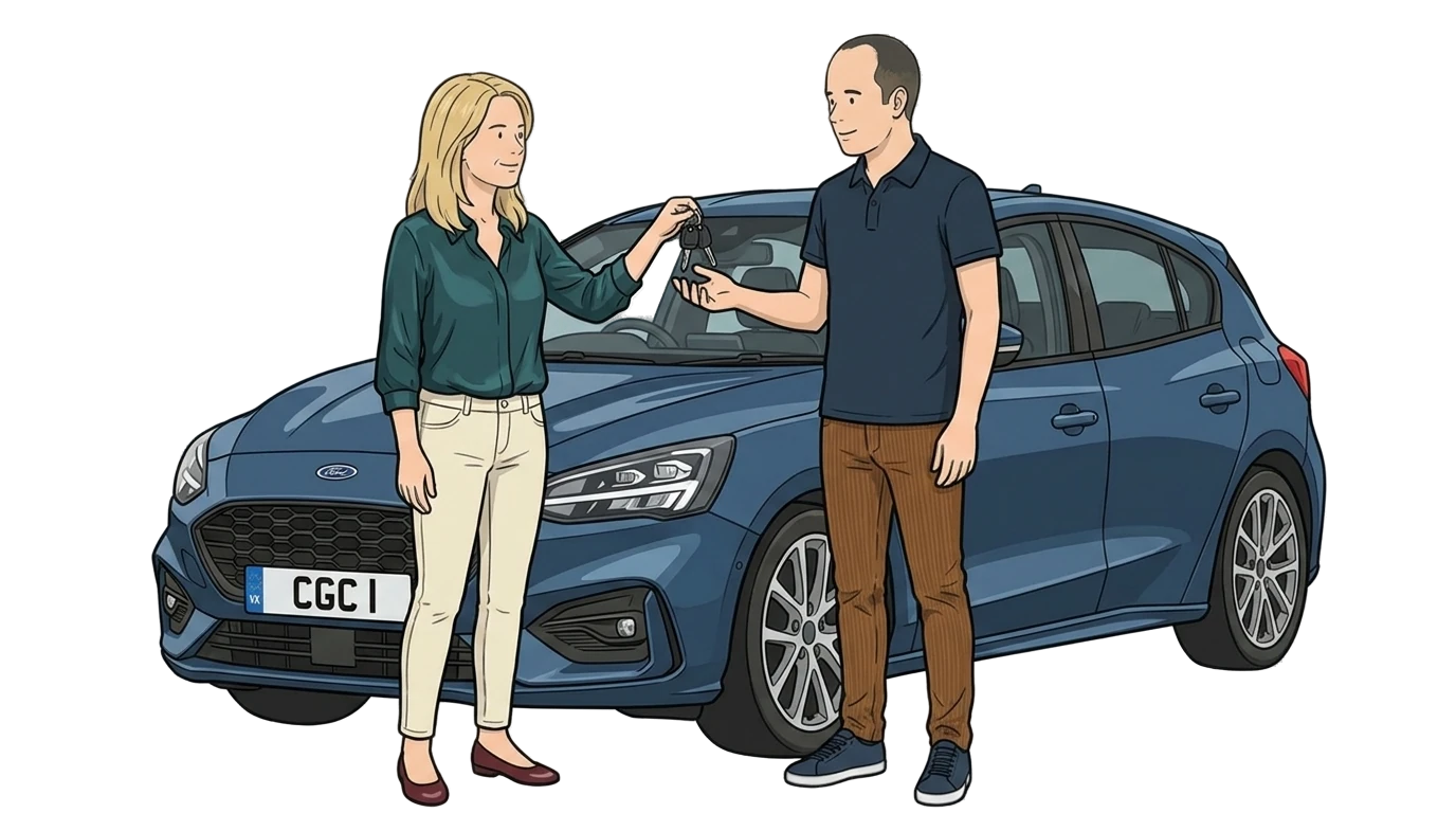 Couple exchanging car keys by a blue Ford Focus — daily temporary car insurance.