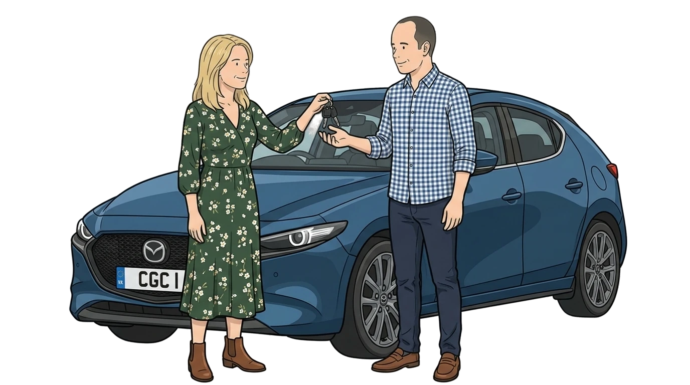 Smiling pair handing over keys by a blue Mazda 3 — temporary car insurance for non-UK residents.