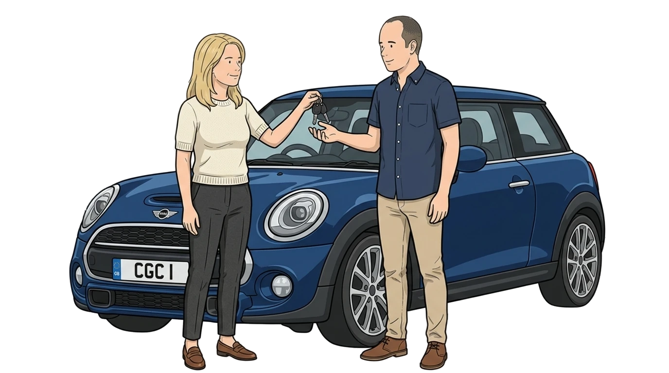 Casual handover beside a blue Mini hatch — temporary car insurance for students.