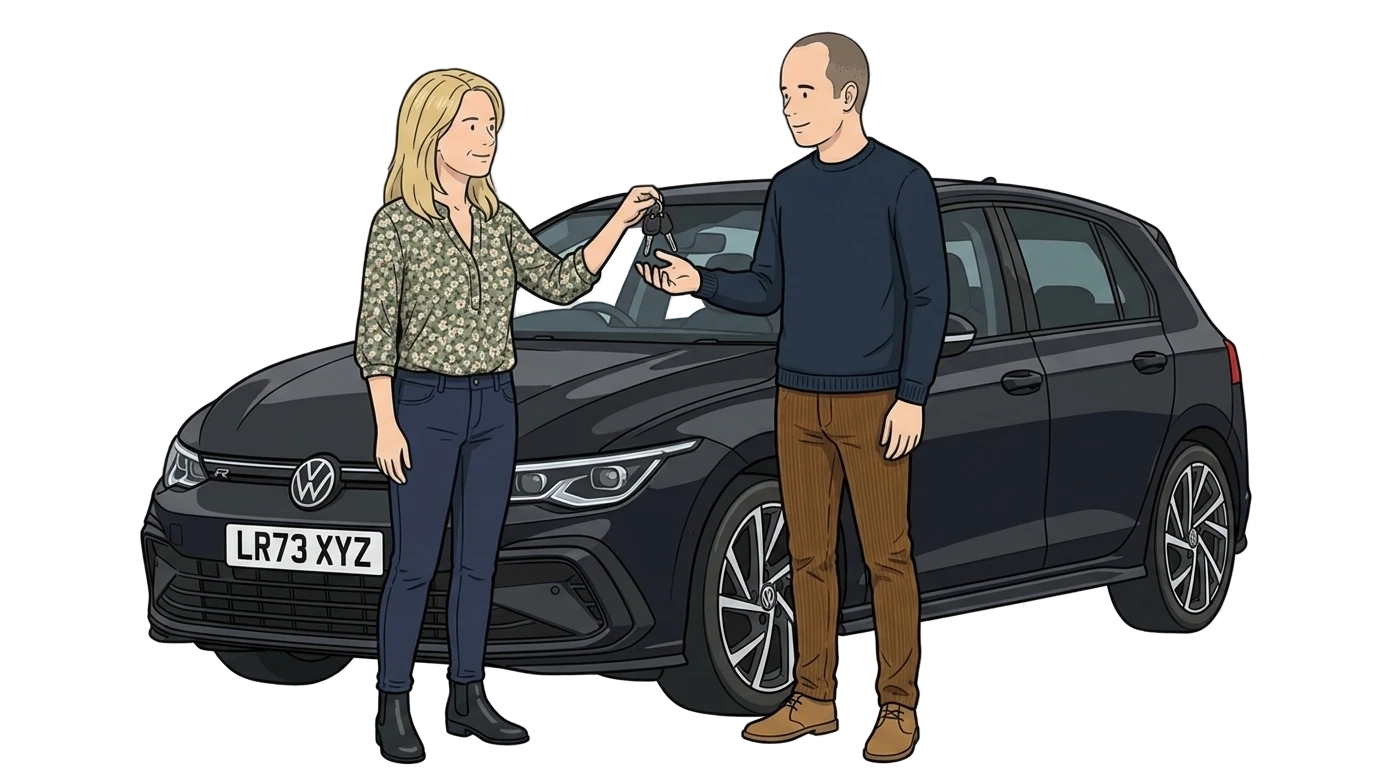 Couple handing over keys in front of a black VW Golf — temporary European car insurance.