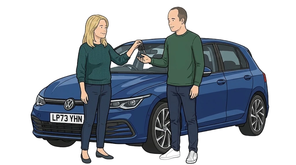 Close-up of keys being handed over by a blue VW Golf — hourly temporary car insurance.