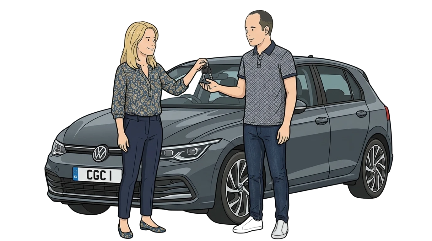 Pair exchanging keys by a grey VW Golf — pay-as-you-go temporary car insurance.