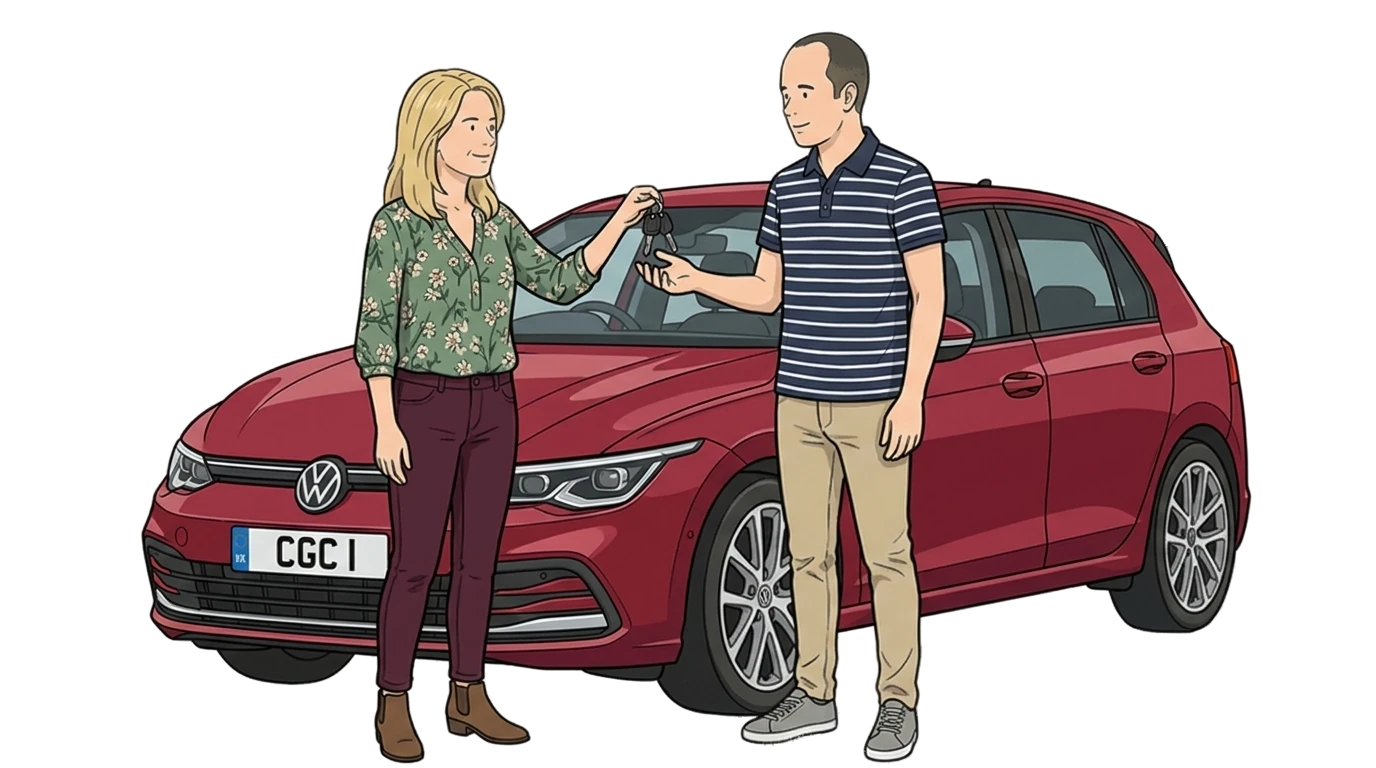 Couple exchanging keys by a red VW Golf — temporary car insurance for drivers with convictions.