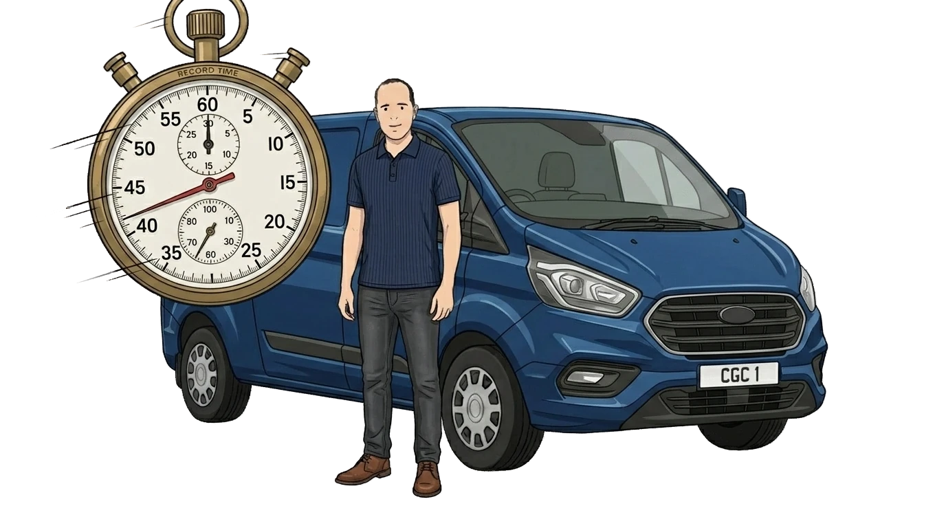Driver by a blue Ford Transit Custom with a stopwatch — temporary food delivery van insurance.