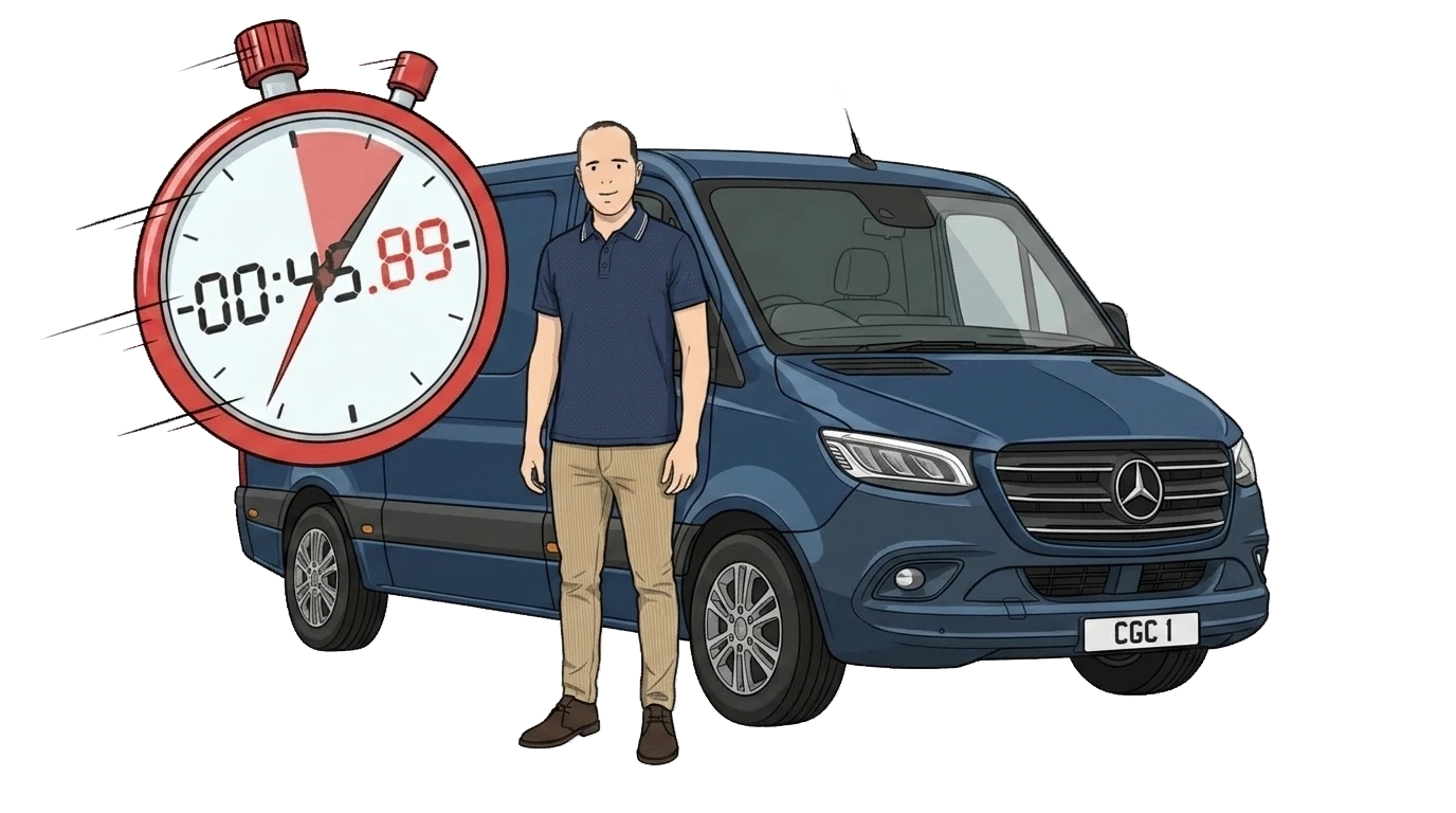 Big stopwatch and a blue Mercedes Sprinter — hourly temporary van insurance.