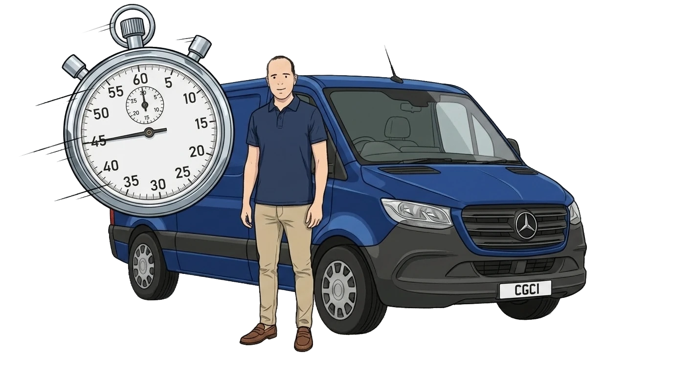 Tradesman by a blue Mercedes Sprinter with a stopwatch — weekly temporary van insurance.