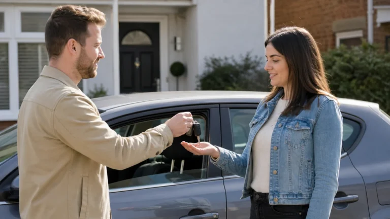 Two people handing over car keys beside a parked hatchback