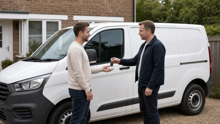 Two people handing over keys beside a white panel van
