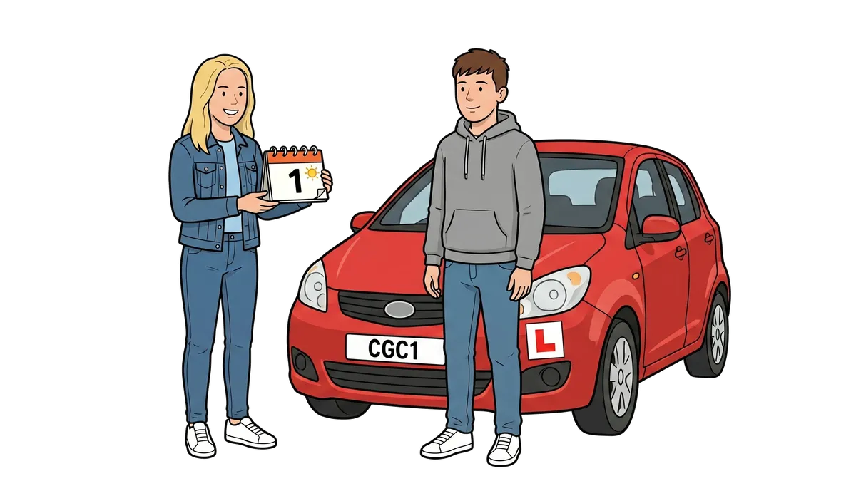 Susan Difford holding a one-day calendar beside a learner driver and their car.