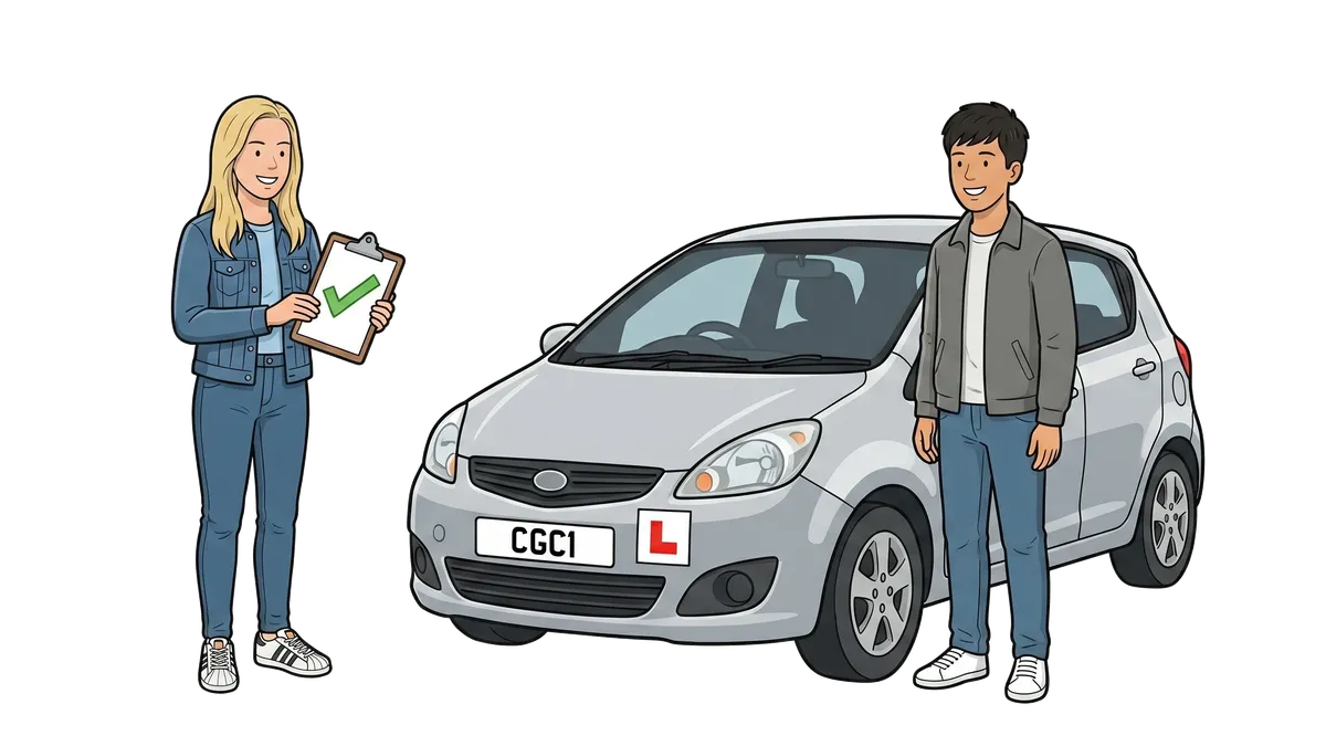 Susan Difford holding a clipboard with a green tick beside a happy learner driver and their car.