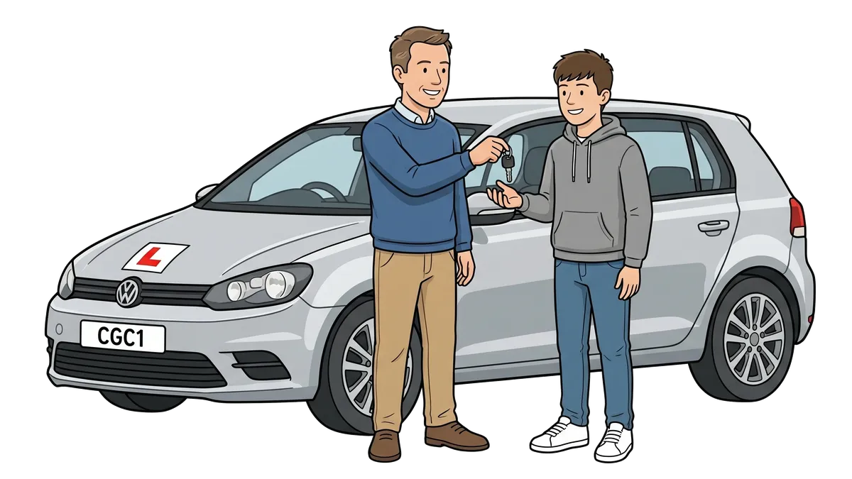 A parent handing car keys to their teenage learner driver beside the family car.
