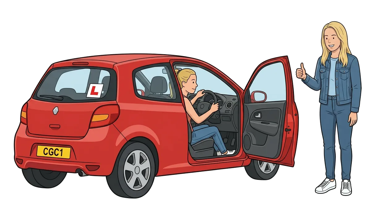 A learner driver practising at the wheel with Susan Difford supervising.