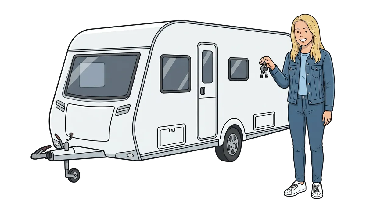 Susan Difford holding keys beside a touring caravan.