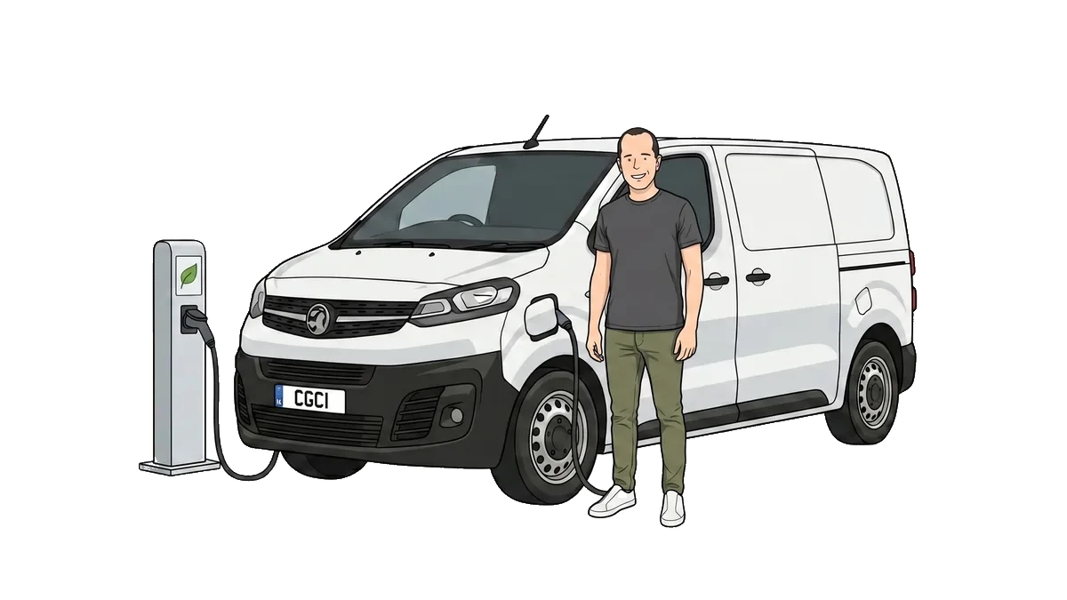 Ian standing next to a white Vauxhall Vivaro electric van plugged into an EV charging post