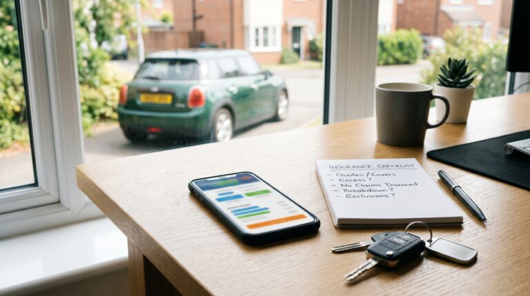 Car keys beside a checklist and phone showing abstract insurance quote shapes