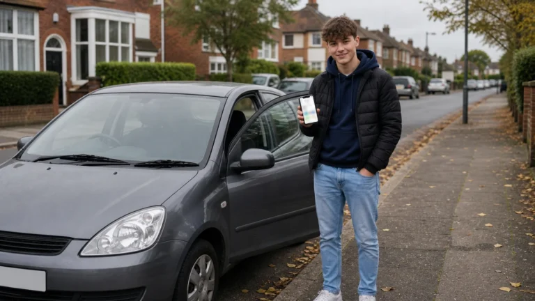 Young driver showing a black box insurance app beside a parked car