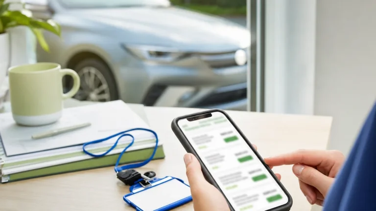 Phone showing blurred car insurance offers beside car keys and a parked car.