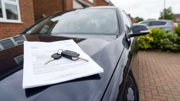 car keys and a generic insurance document on the bonnet of a parked UK car