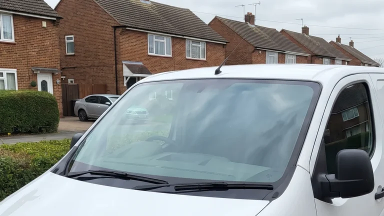 a white panel van with a clear windscreen parked on a UK residential driveway
