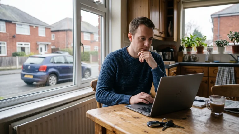 A driver comparing black box car insurance on a laptop beside car keys