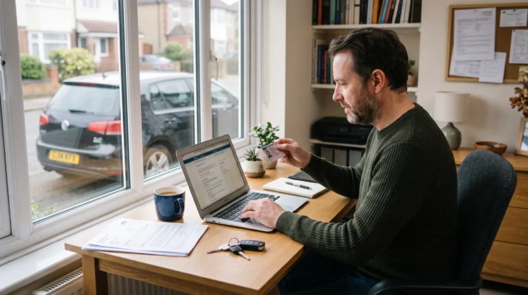 A driver checking driving conviction dates on a laptop before comparing insurance