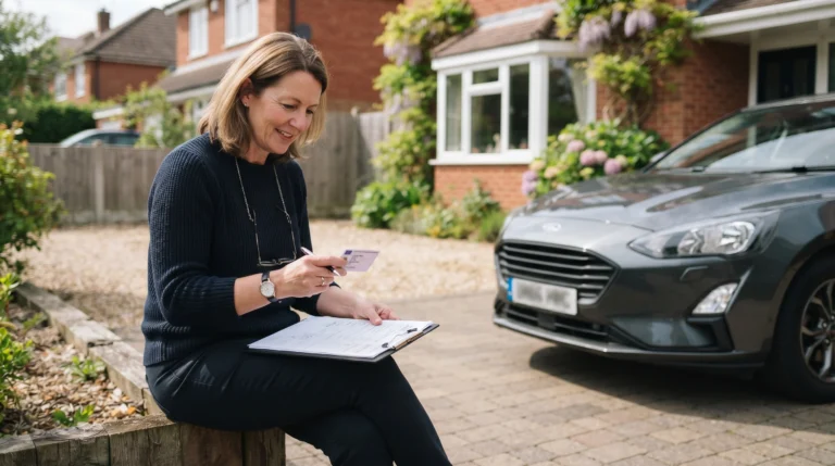 A driver reviewing car insurance paperwork and driving licence details beside a parked car