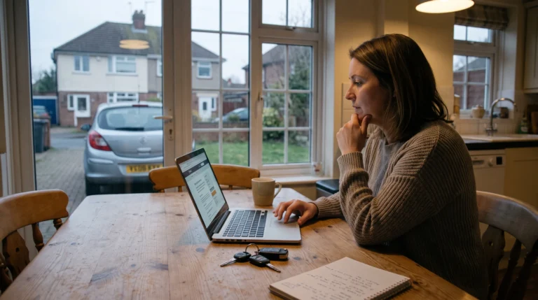A driver checking no claims bonus and conviction details on a laptop