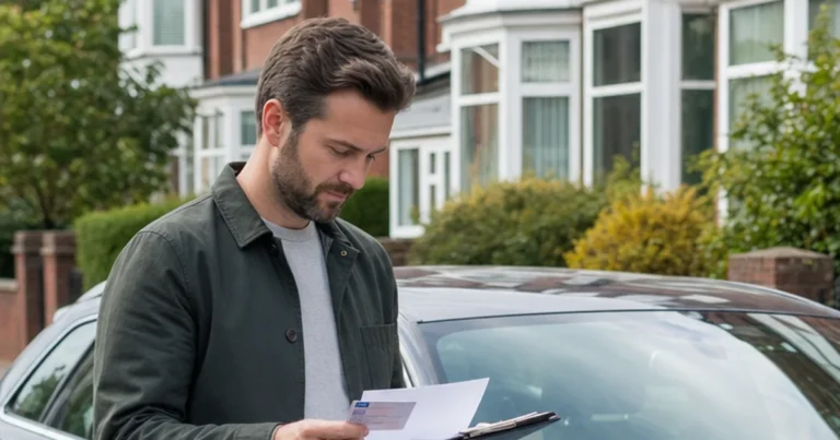 A UK driver checking insurance paperwork and driving details beside a parked car