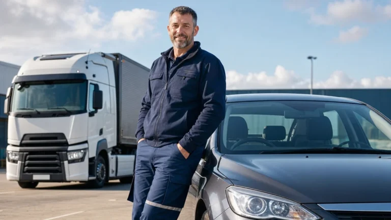 HGV driver beside a private car in a UK depot car park