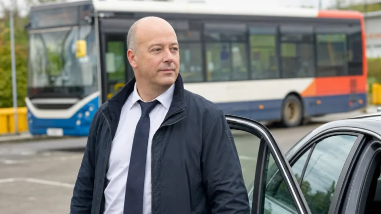 Bus driver arriving at work in a private car